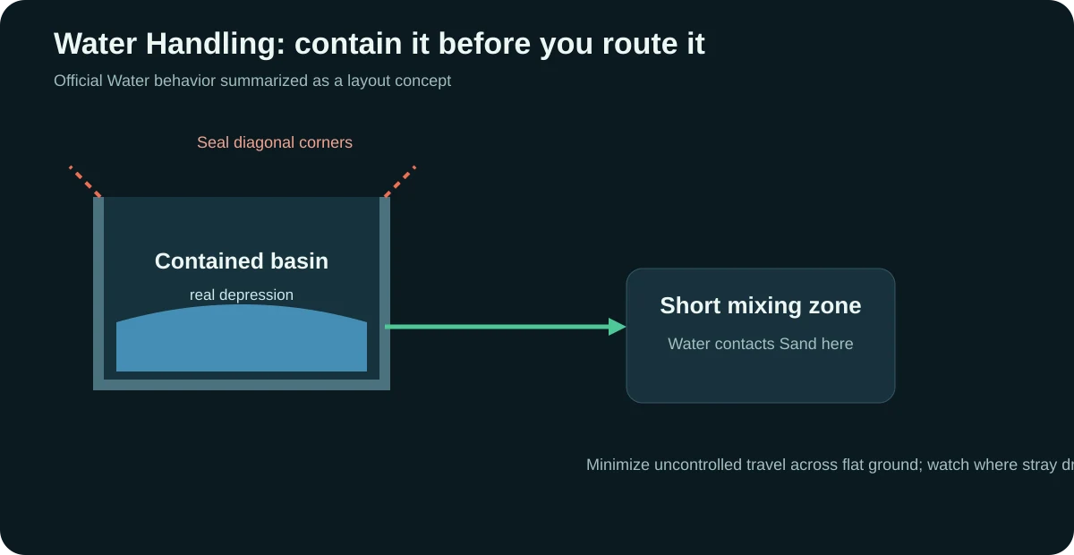 Sandustry Water handling schematic with contained basin, sealed corners and short route to a Sand mixing zone