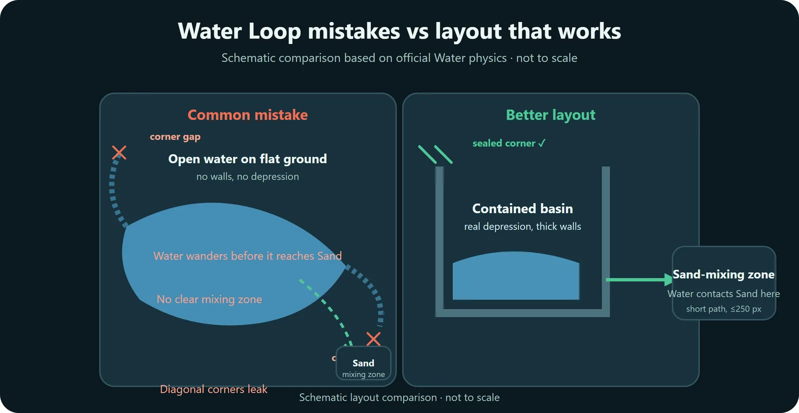Diagram comparing a common Sandustry water loop mistake with a better layout