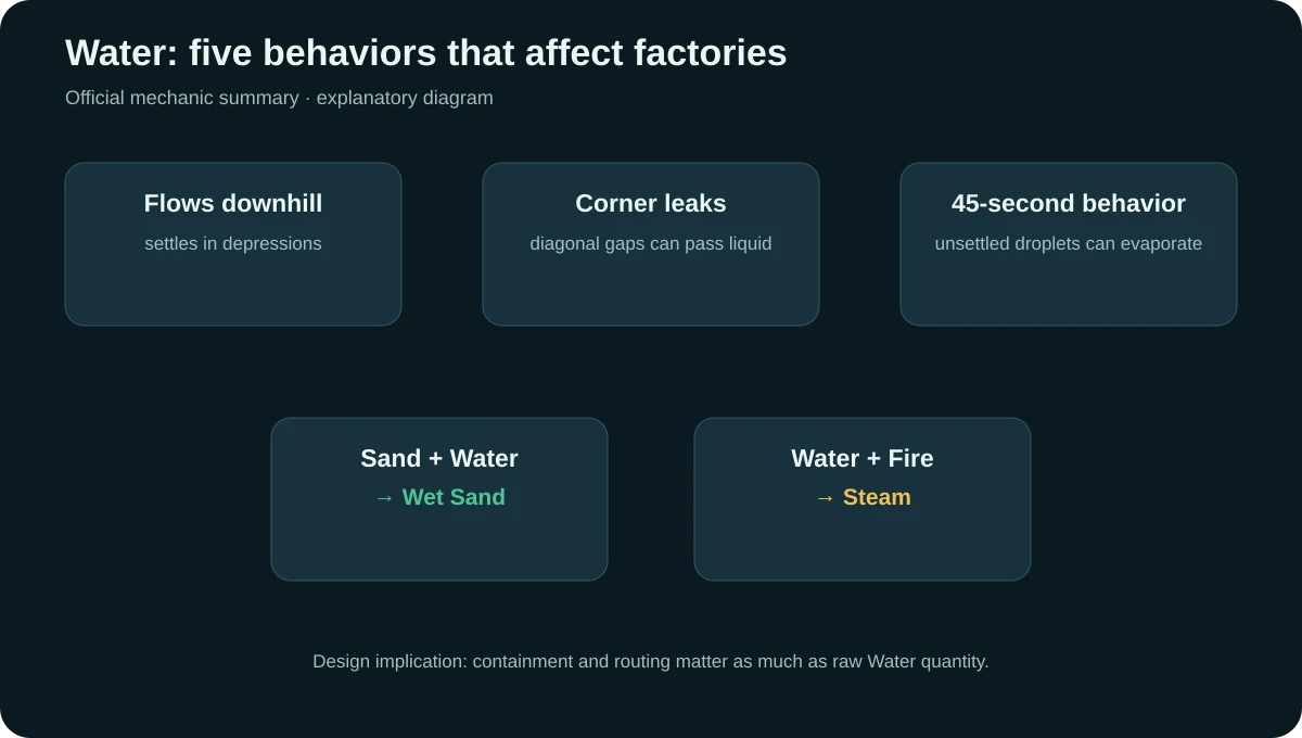Sandustry Water behavior diagram showing a basin, downhill flow, corner leak, Wet Sand conversion and Steam conversion