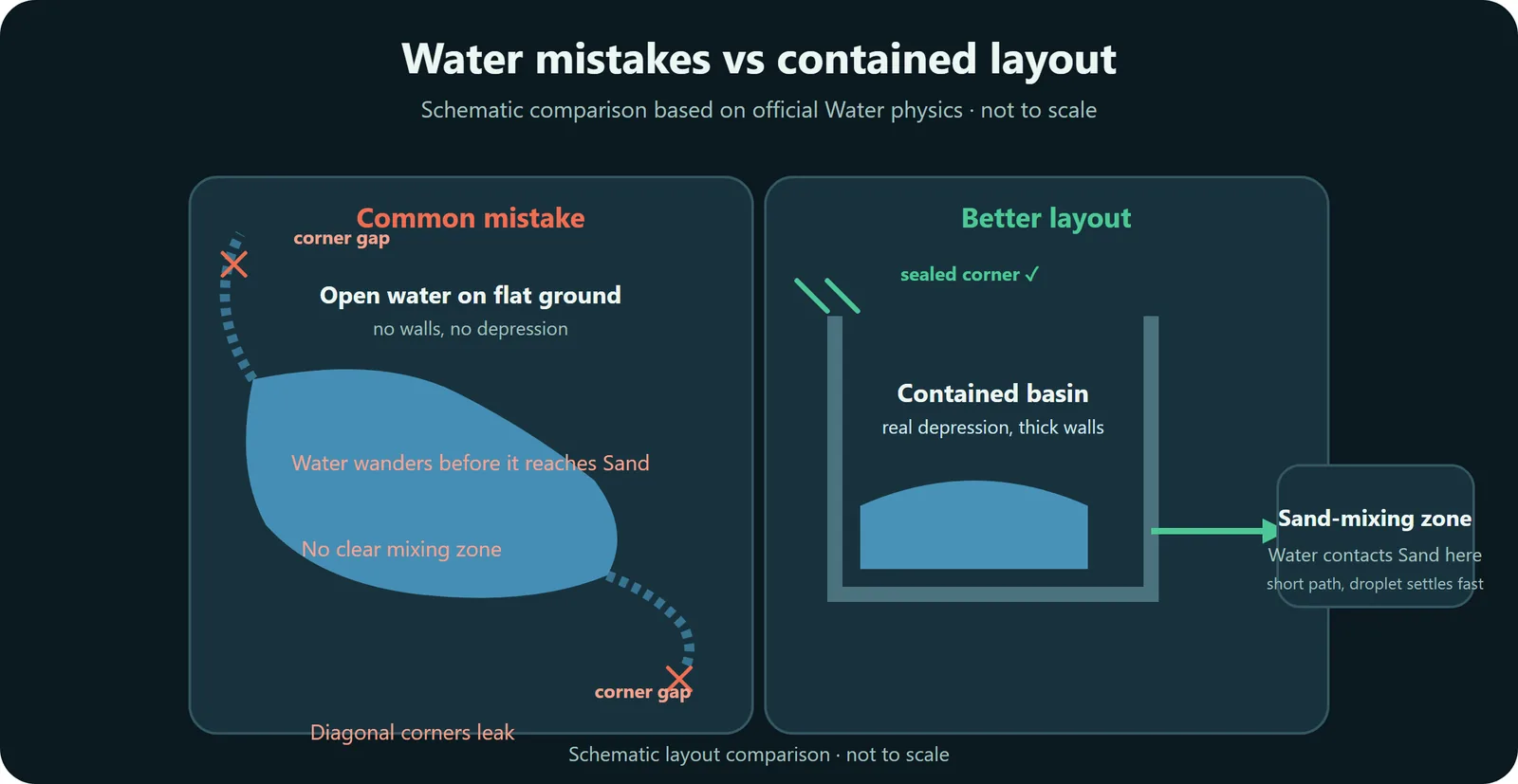 Sandustry water shortage comparison showing an unstable open water route and a contained basin setup
