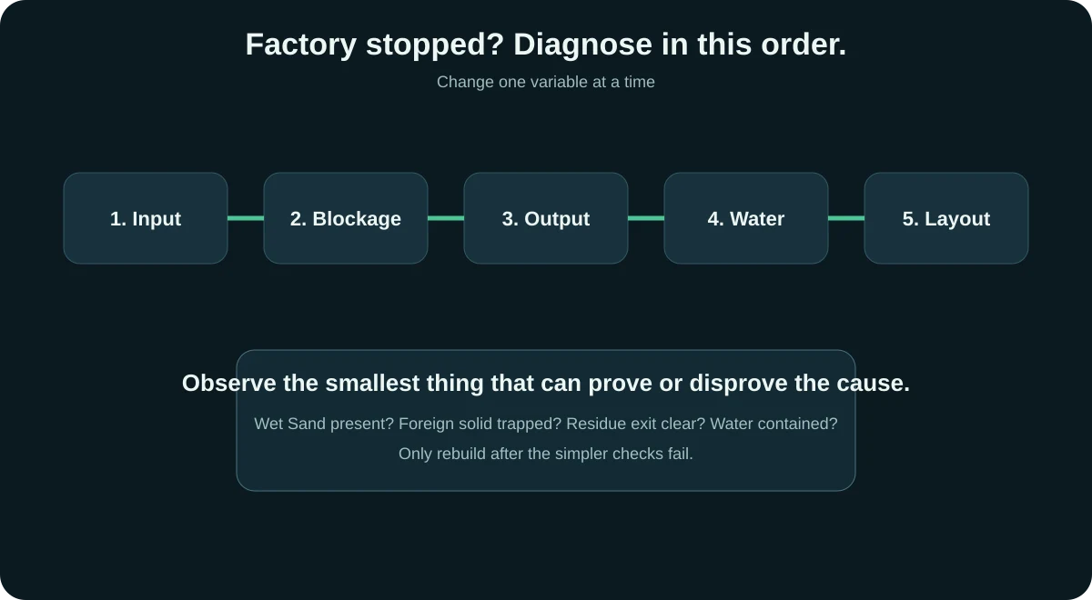 Sandustry factory diagnosis diagram showing input, processing, output, water and transport checks